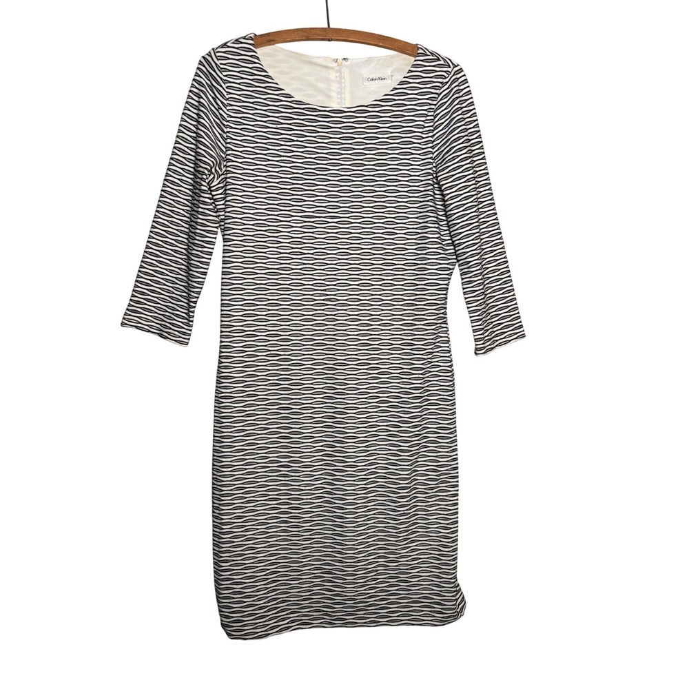 Calvin Klein Womens Black White Geometric Wave Sheath Dress 3/4 Sleeve Size 6